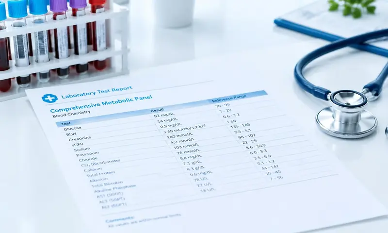Comprehensive metabolic panel lab report with test tubes and a stethoscope