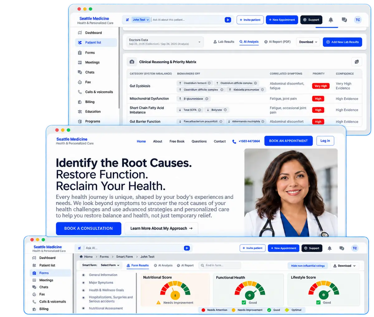iCareDx software screens showing AI clinical analysis, professional practice website, and patient intake assessments